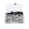 A clear plastic box containing a set of black and silver motorcycle fairing bolts and screws.