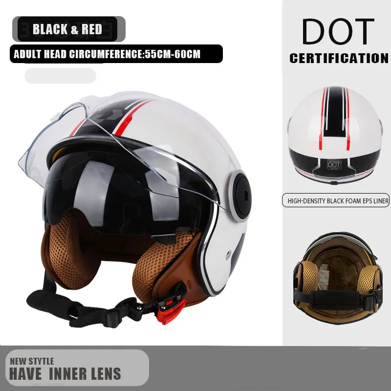 Schwarz-rotes DOT-zertifiziertes Offen-Gesicht-Motorradhelm mit sichtner schwarzer Schaumstoffpolsterung.