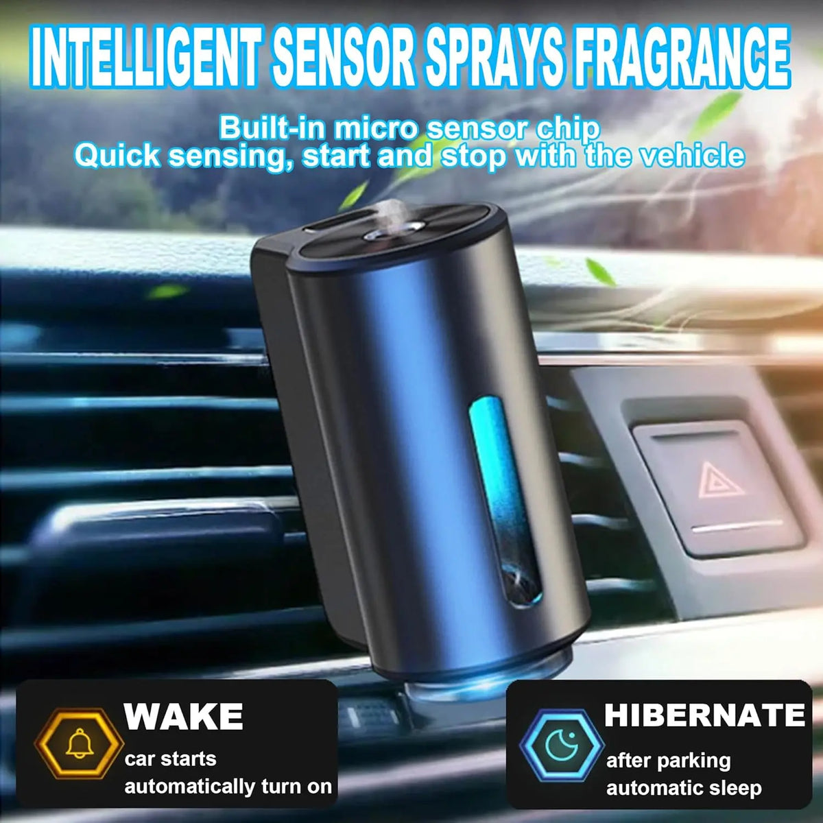 A sleek, metallic sensor spray device is shown on a car dashboard, illustrating wake and hibernate functions.