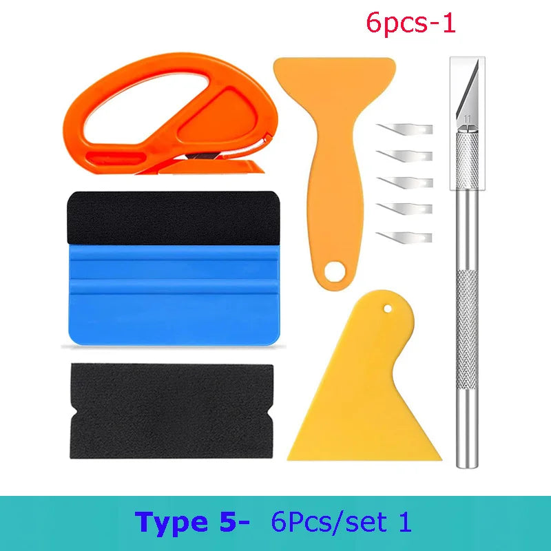A set of six professional car vinyl wrapping tools including a heat gun, applicator, and cutting blade.