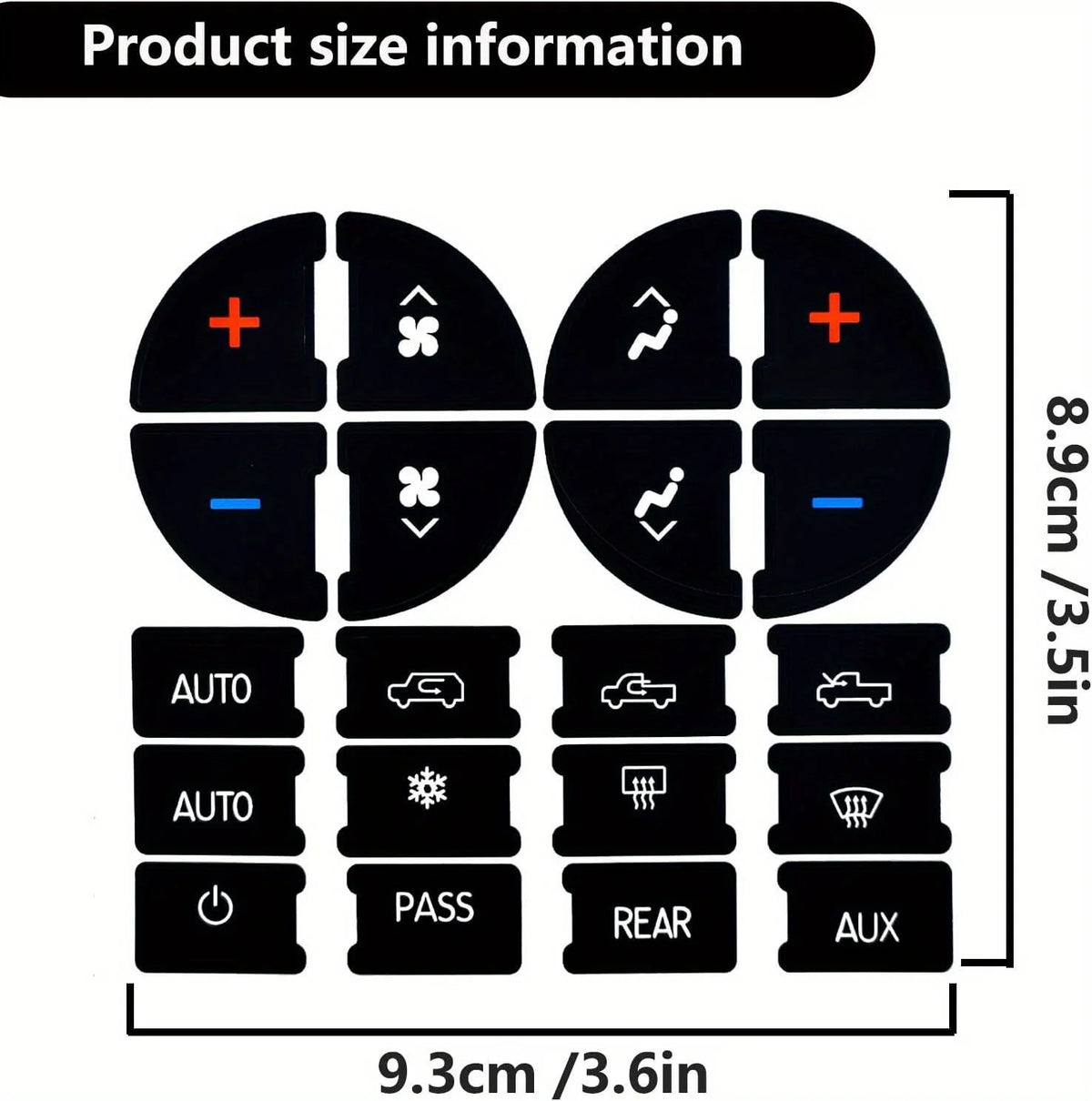 Product size information showing various buttons and their dimensions in centimeters and inches.