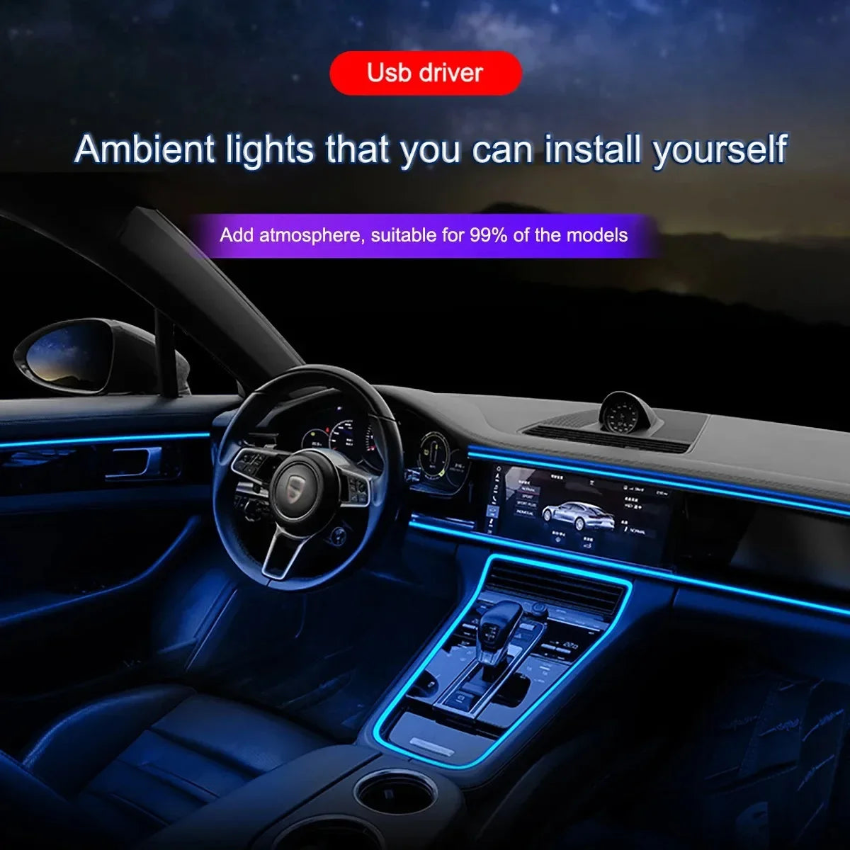 A flexible USB LED light strip installed in the interior of a car dashboard and steering wheel area.