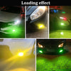 Close-up shots of high-intensity lemon green fog lights illuminating a car and pavement.
