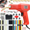 Red plastic welding gun kit with various metal tips and wire accessories for DIY repairs