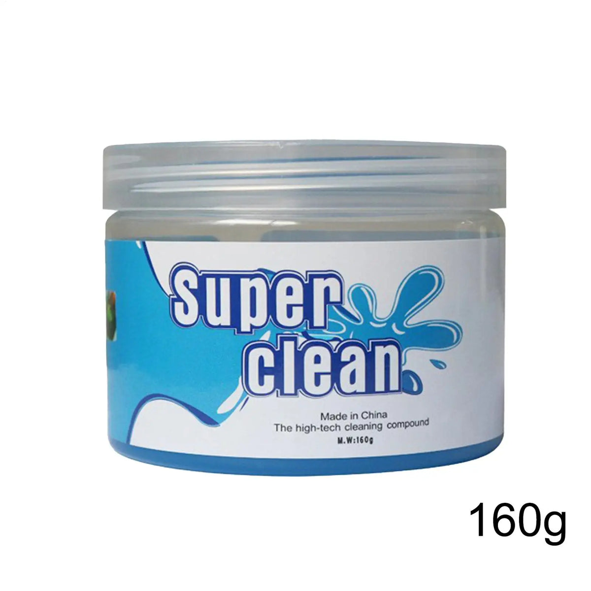 A clear jar of Super Clean cleaning compound with a blue label and lid.