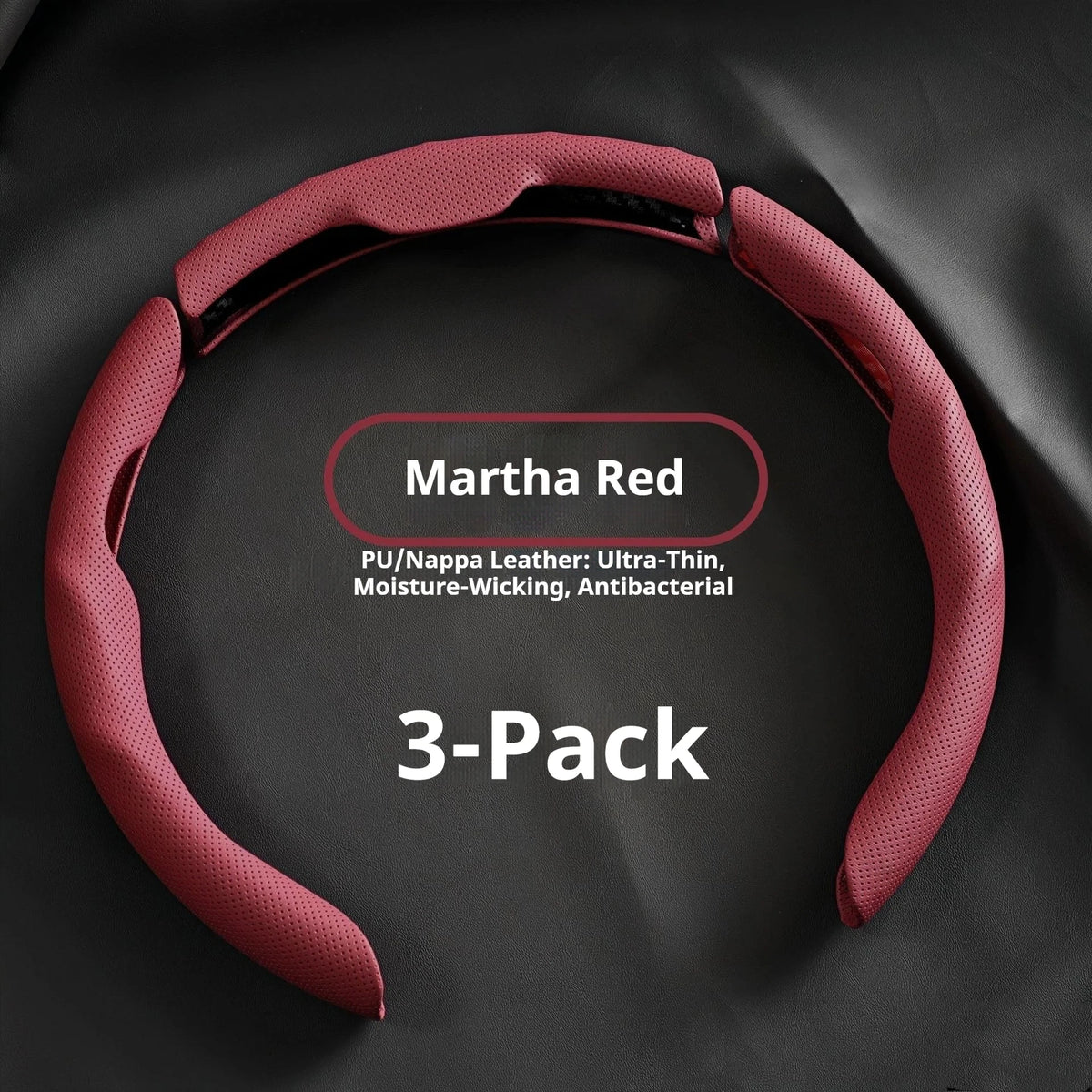 A set of three red PU/Nappa leather ultra-thin, moisture-wicking, antibacterial steering wheel covers.
