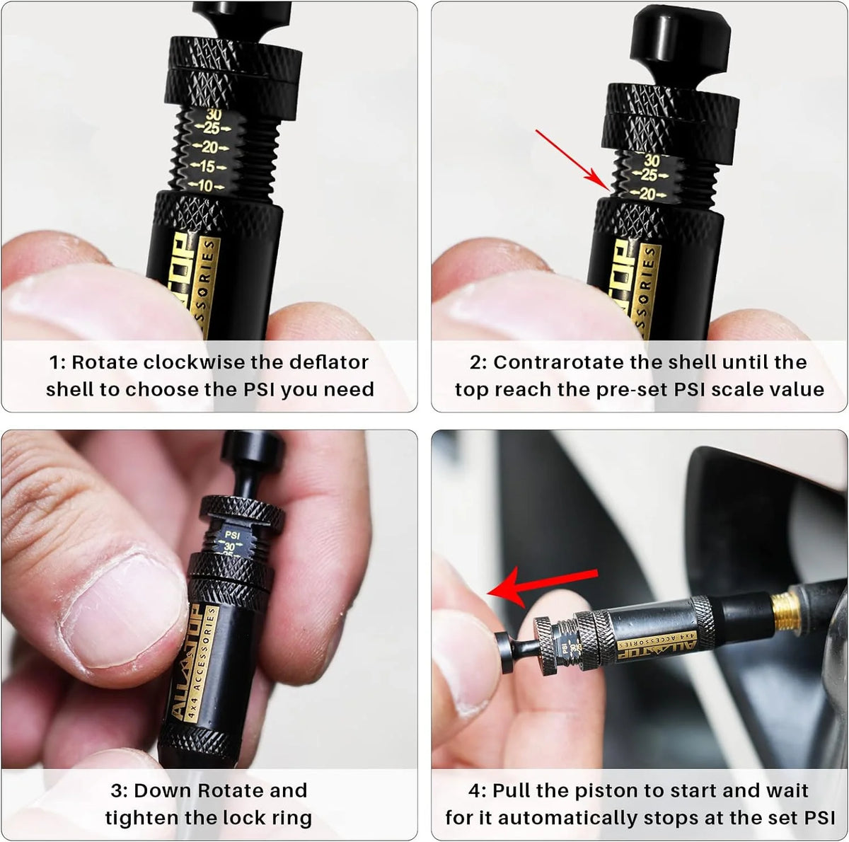 Instructions for using an adjustable auto-stop tire deflator valve kit showing rotation and piston operation.
