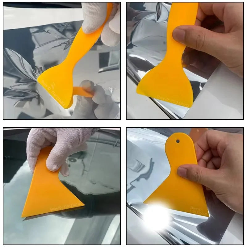 A yellow plastic tool used for installing car vinyl tint film, shown in various angles.