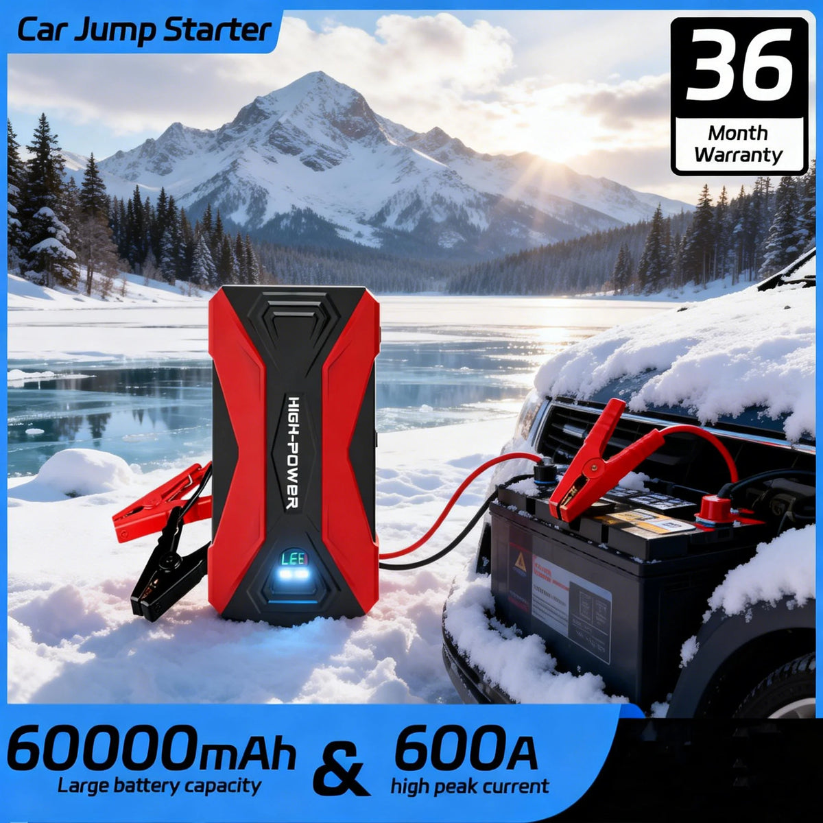 Une batterie de démarrage de voiture rouge est montrée à côté d'un véhicule dans un décor extérieur enneigé avec des montagne