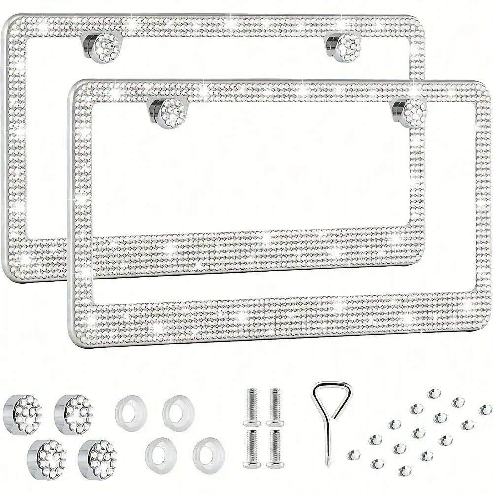 Silver rhinestone license plate frame and mounting hardware components