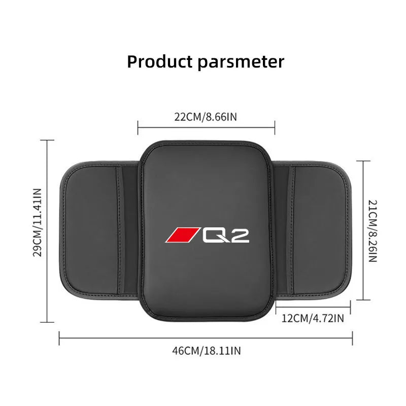 Black leather car armrest protector mat with storage pockets shown with dimensions.