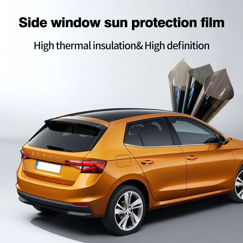 A gold Skoda car with side window sun protection film applied, showing high thermal insulation and high definition.