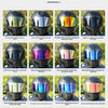 A collection of motorcycle helmet visors showing various colors and effects like aurora, gradient, light, and translucent len