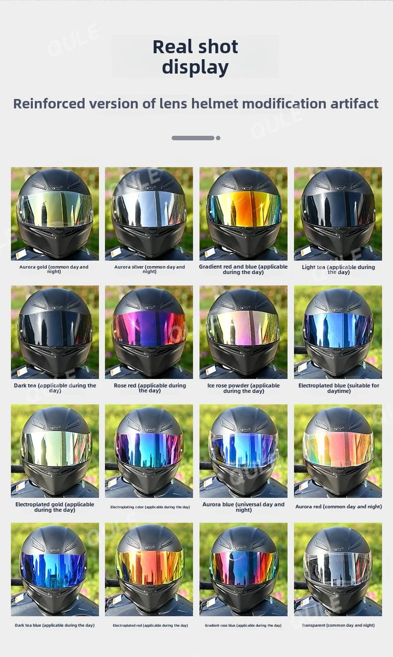 A collection of motorcycle helmet visors showing various colors and effects like aurora, gradient, light, and translucent len