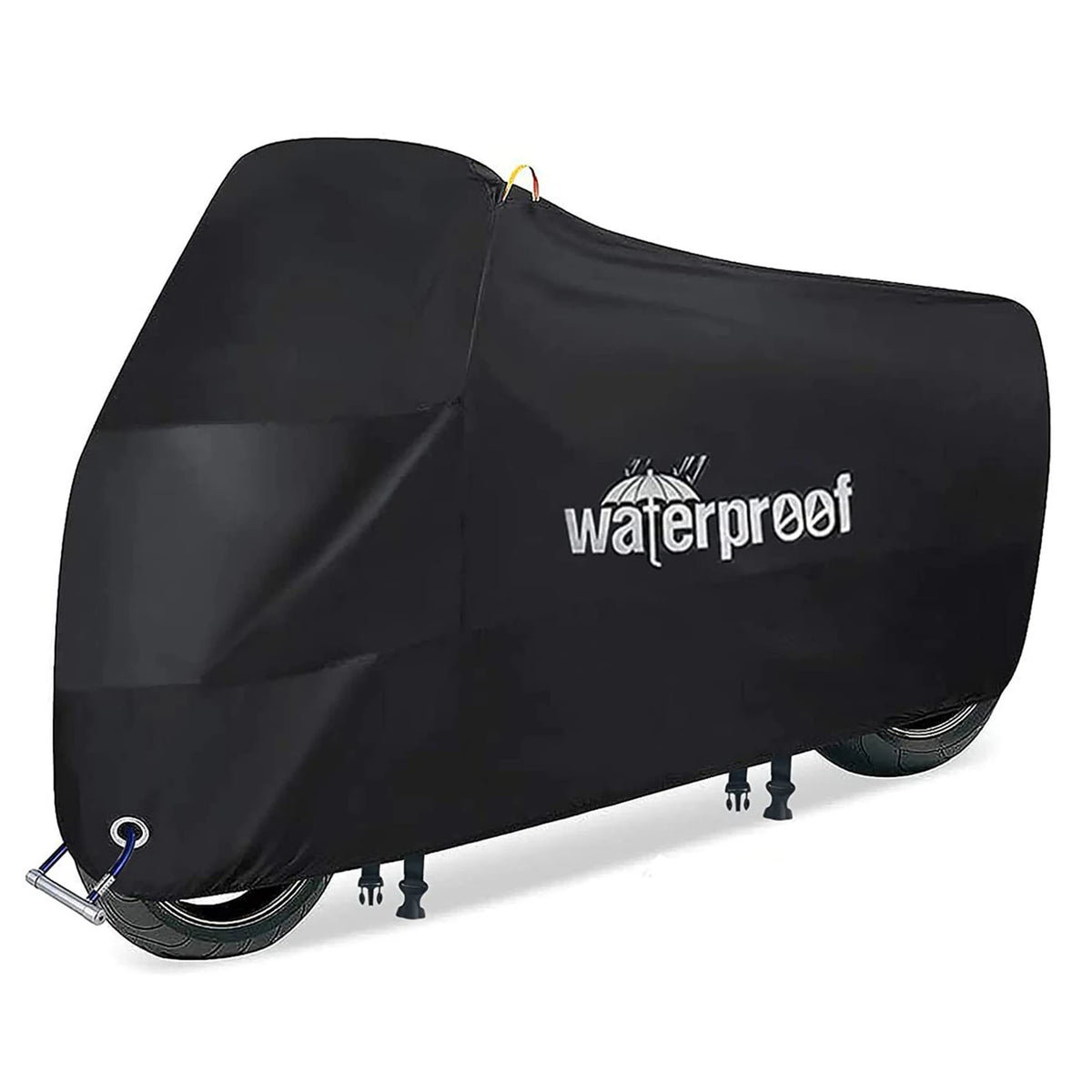 Schwarze wasserdichte Motorradabdeckung von der Seite mit einem Reifen