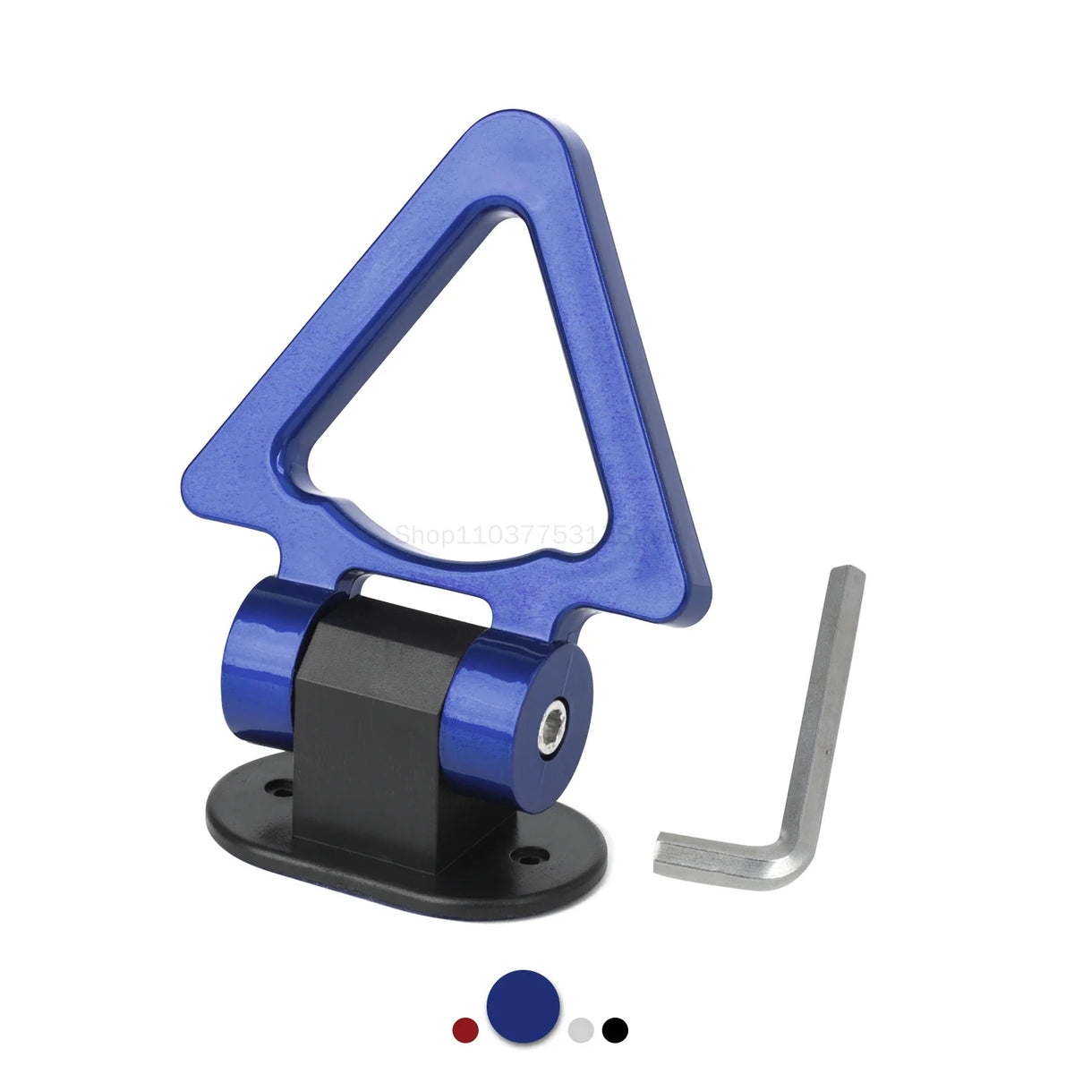A blue decorative racing tow hook sticker with a black mounting plate and a metal hook.