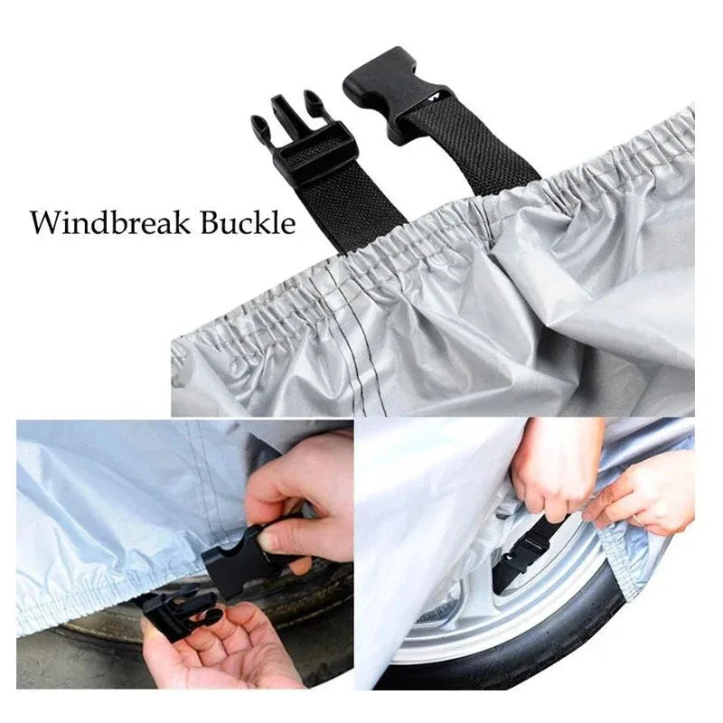 Close-up of a black windbreak buckle attached to a gray waterproof cover for motorcycle or scooter protection.