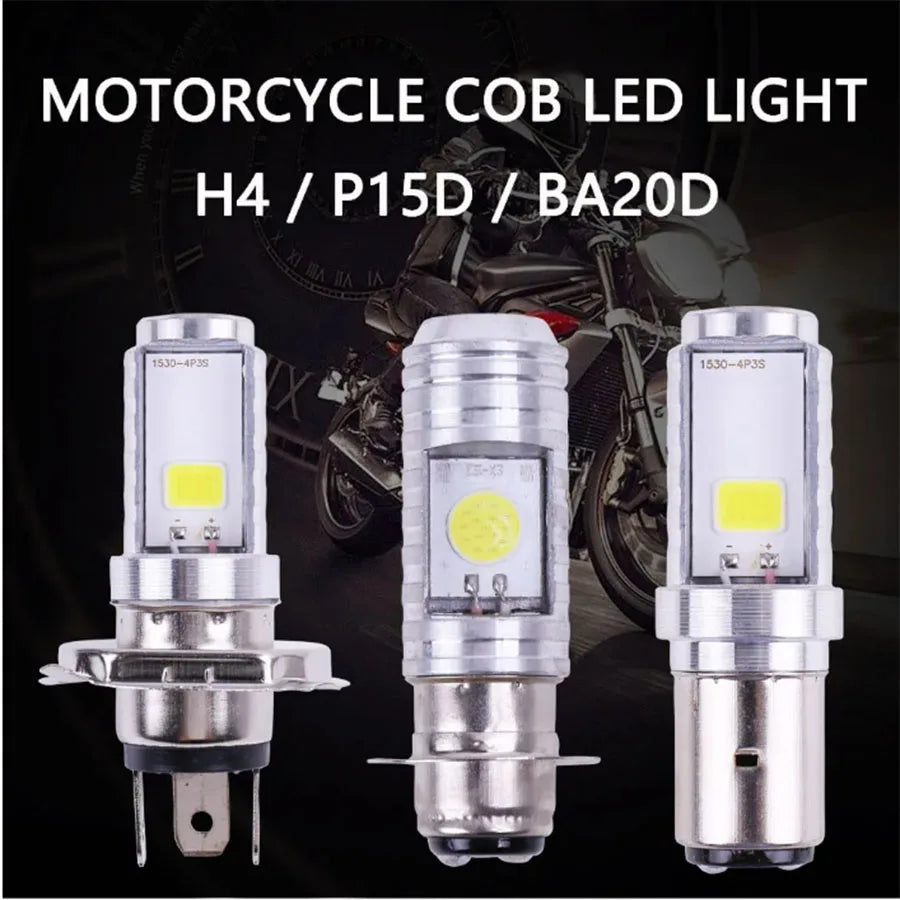 Three motorcycle cob LED H4 P15D BA20D headlight bulbs shown against a dark background.