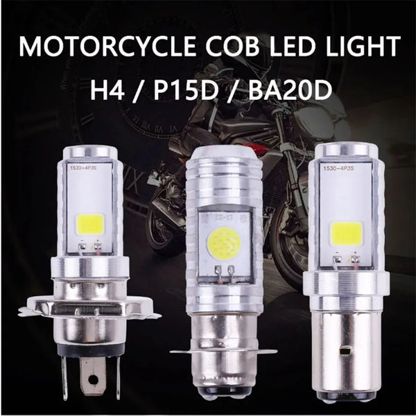 Three motorcycle cob LED H4 P15D BA20D headlight bulbs shown against a dark background.