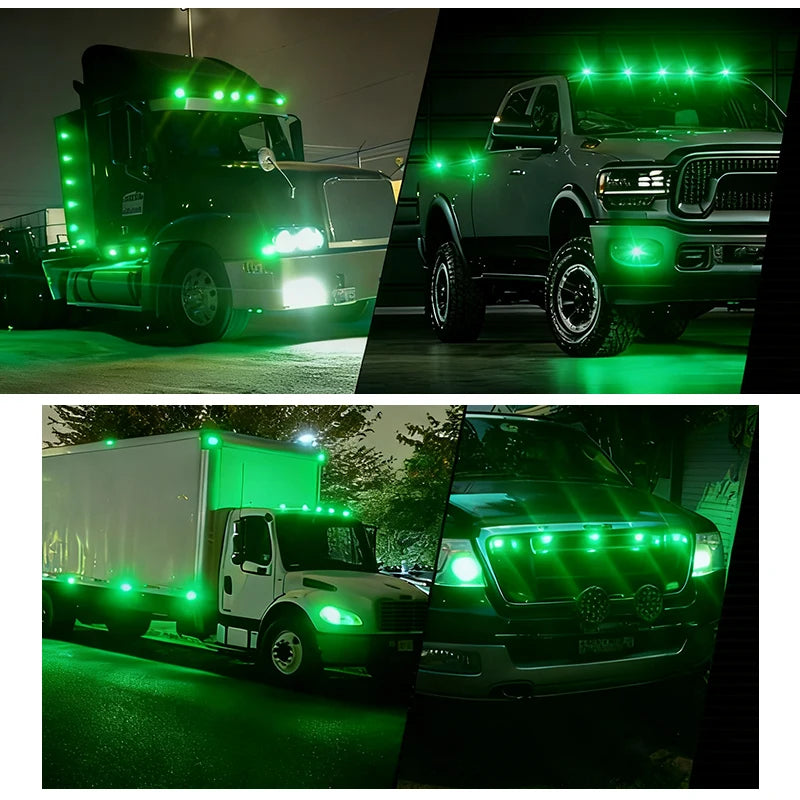 Three trucks and a trailer are shown with bright green LED side marker lights illuminated.