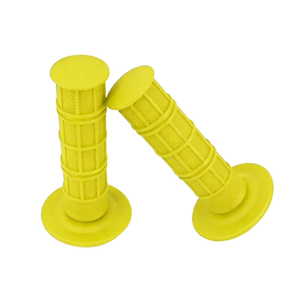 Yellow silicone handle bar grips for motorcycles shown in a side view.