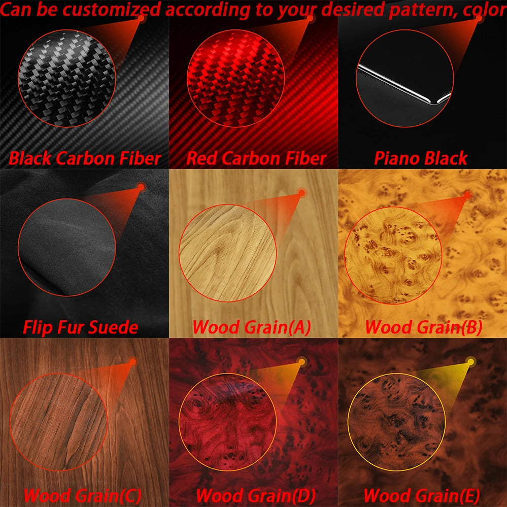 Una variedad de calcomanías de moldura de fibra de carbono forjada en negro, rojo y varios patrones de veta de madera.