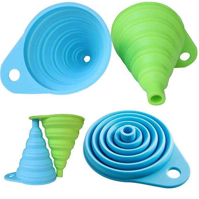 A set of silicone funnels in blue and green for engine fluids, shown in various shapes.
