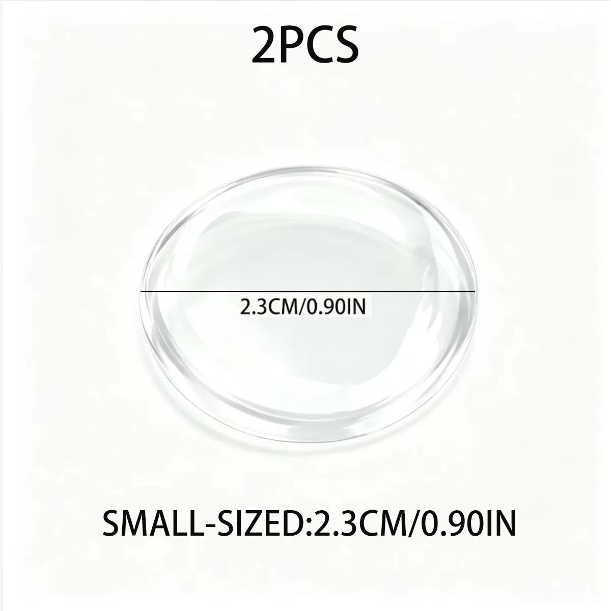 Two crystal clear ignition button protectors, small-sized, measuring 2.3cm or 0.90in.