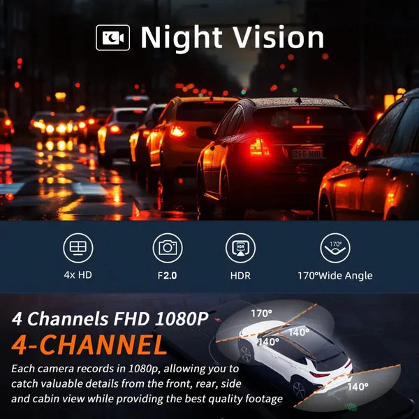 Night vision 4-channel FHD 1080P dash cam recording from front, rear, and side angles