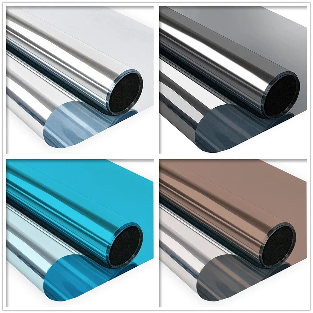 Four views of silver reflective privacy window film rolled into tubes showing different shades and finishes.