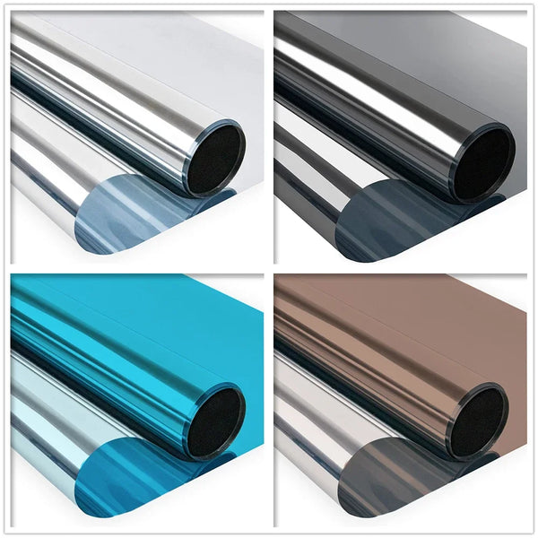 Four views of silver reflective privacy window film rolled into tubes showing different shades and finishes.