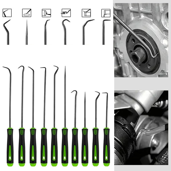 A set of precision oil seal and O-ring removal hooks in black and green for automotive or mechanical work.