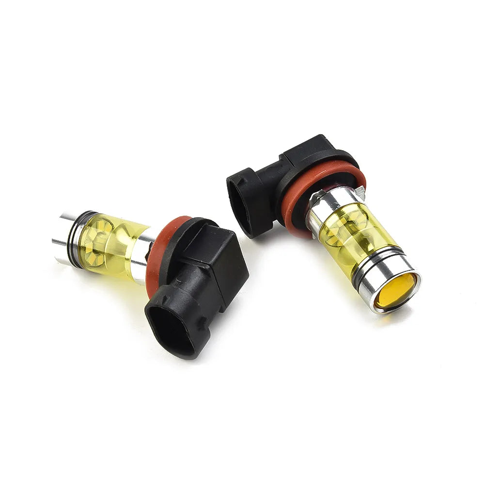 A pair of high-performance H11/H8 yellow LED fog light bulbs with black and copper connectors.