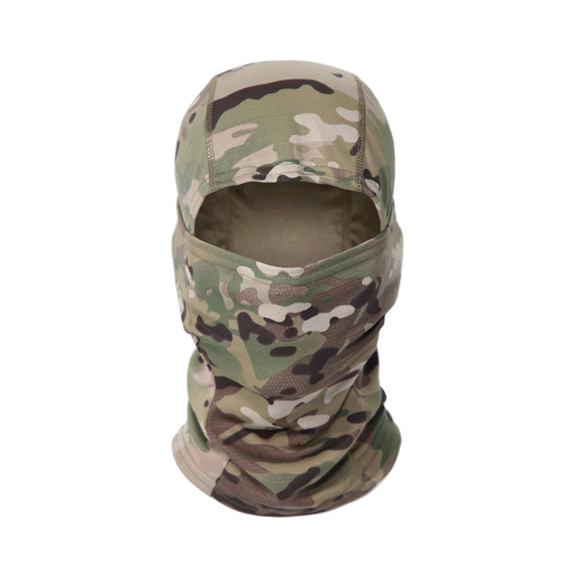 A camouflage patterned stretchy balaclava cap worn on a head.