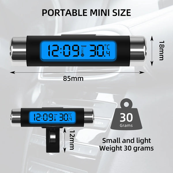 Portable mini size digital car clock and thermometer showing 12:09 and 30.0 degrees