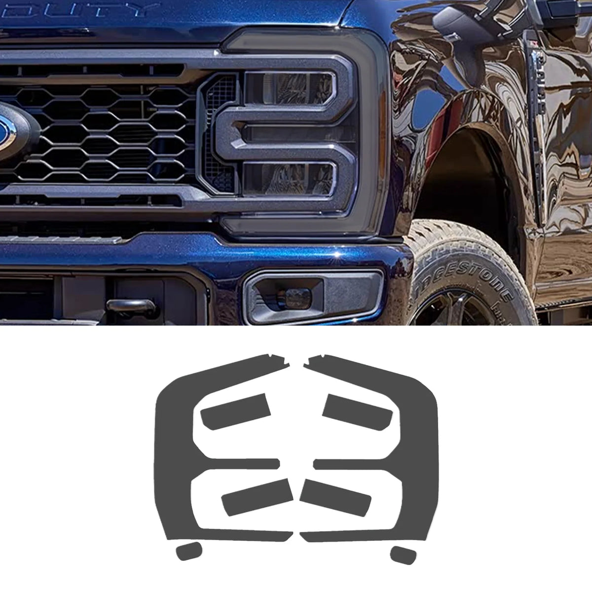 Close-up of a blue Ford F-250 or F-350 grille and headlight assembly.