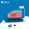 Blue alarm disc lock security device with a silver cylinder and included keys and hex screwdriver.
