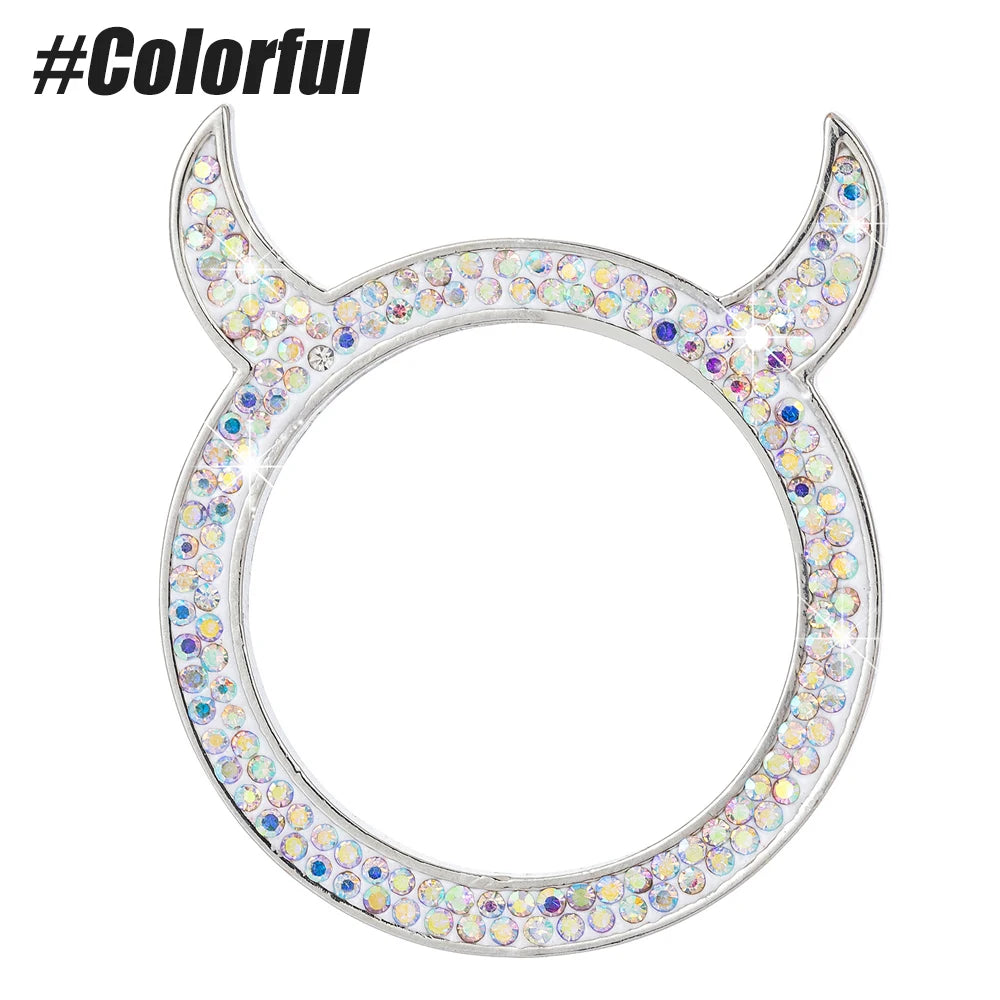 Tapa de perilla de ignición circular decorada con pedrería brillante y piedras de colores.