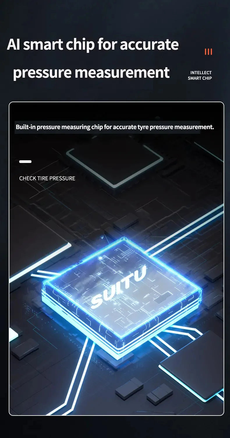 A blue electronic chip labeled SUTU is shown on a dark background with glowing circuit lines, designed for accurate tire pres