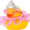 A decorative rubber duck toy with a crown, pink fabric, and pearl necklace.