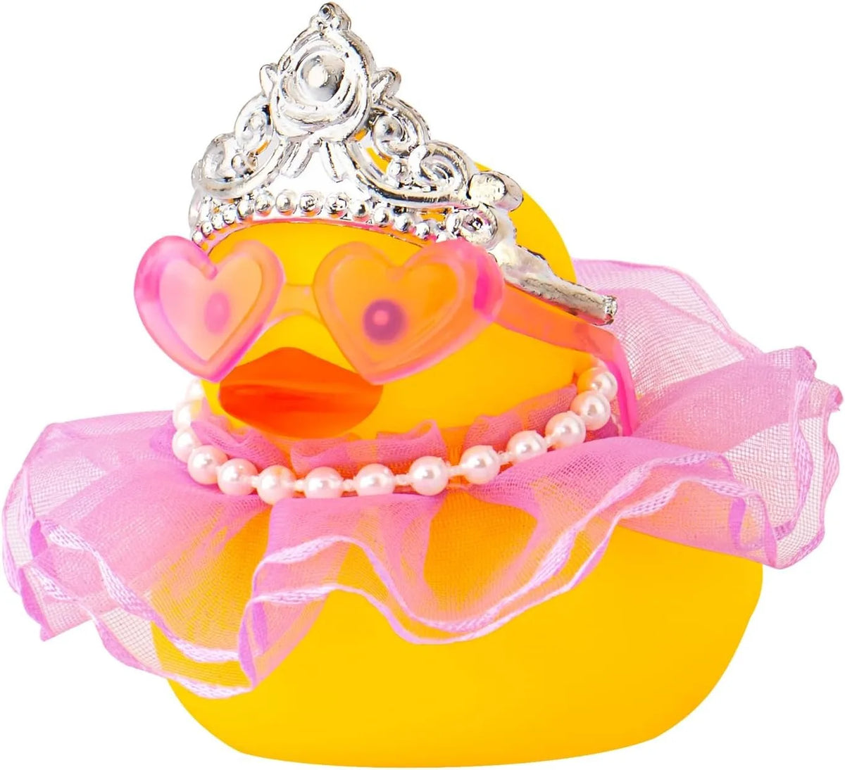A decorative rubber duck toy with a crown, pink fabric, and pearl necklace.