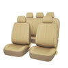 A set of beige universal PU leather car seat covers shown in a row.