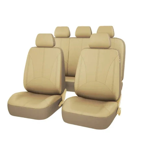 A set of beige universal PU leather car seat covers shown in a row.