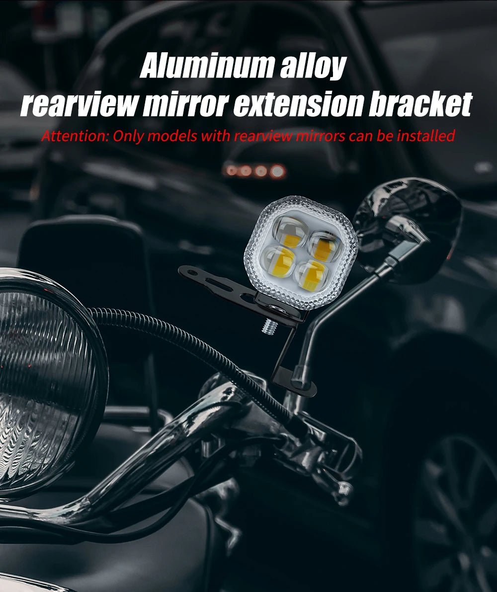 An aluminum alloy rearview mirror extension bracket installed on a motorcycle handlebar.