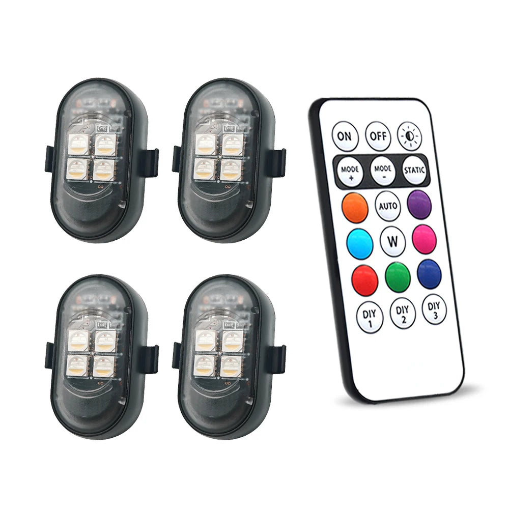 A set of wireless RGB car LED lights and a remote control with On Off Mode Auto Static settings.
