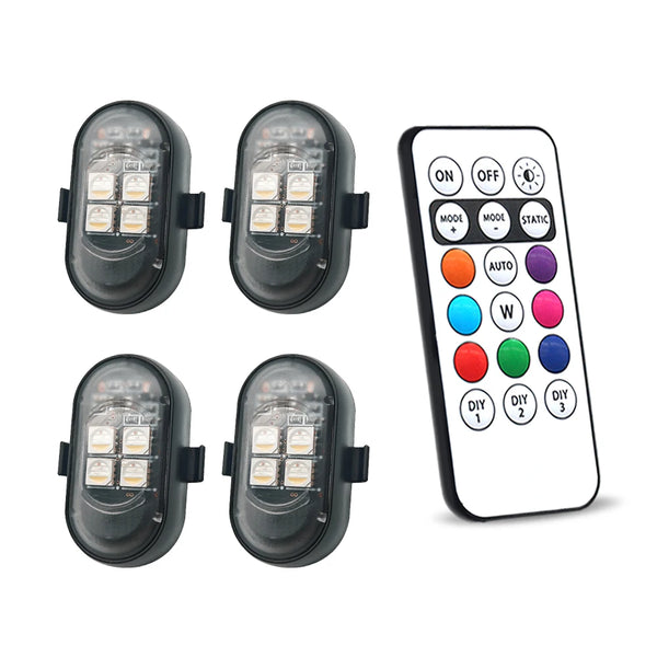 Juego de luces LED de coche RGB inalámbricas y control remoto con modos encendido/apagado, auto y estático.