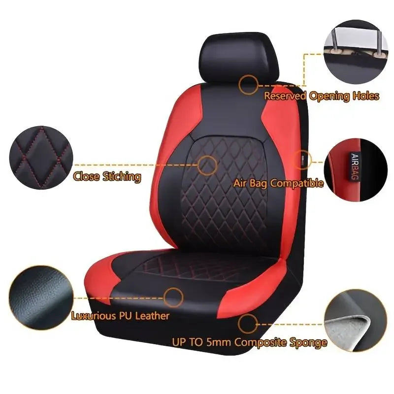 Black and red full coverage PU leather car seat covers with air bag compatible features