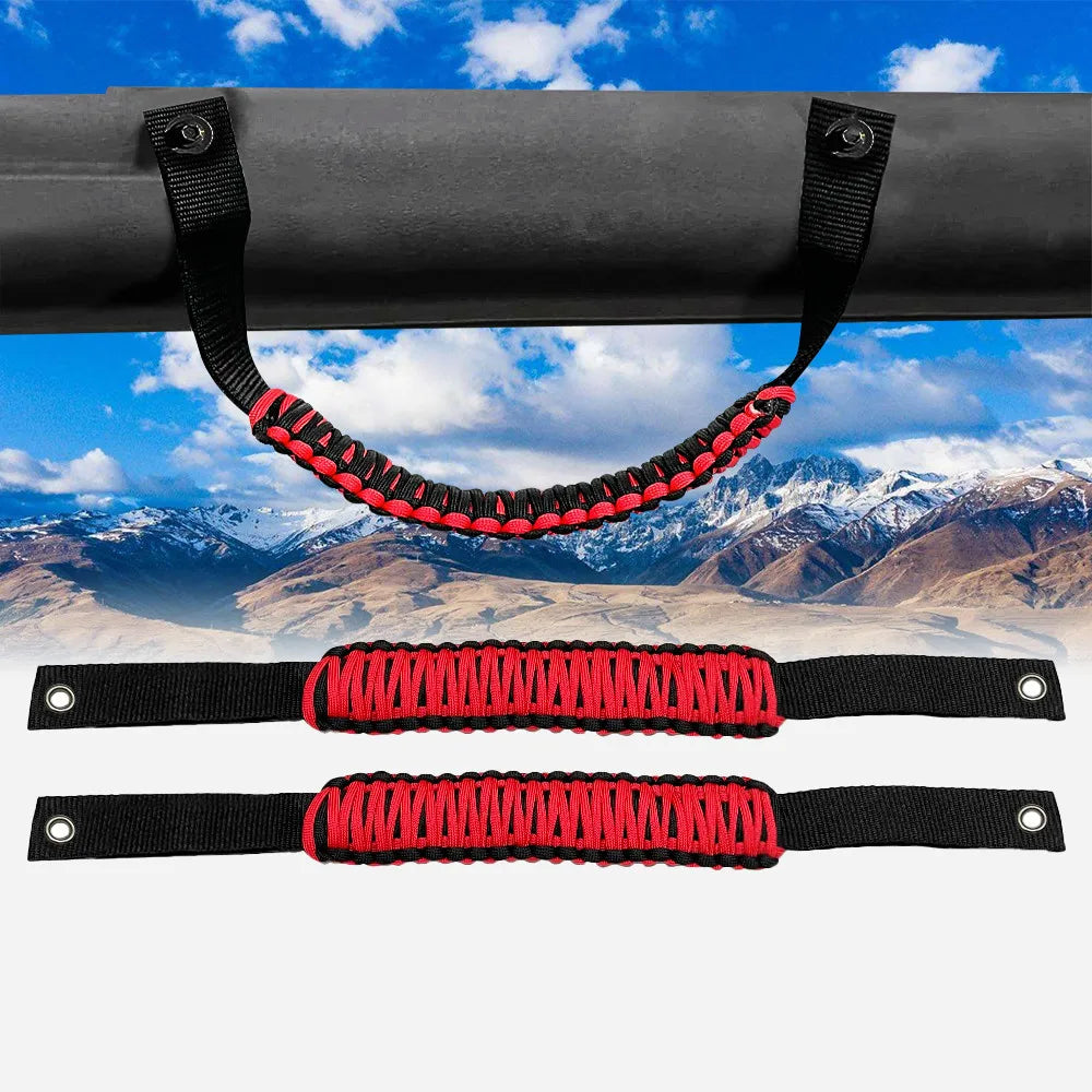 Black and red grab handles for Ford Bronco roll bars shown in various configurations.