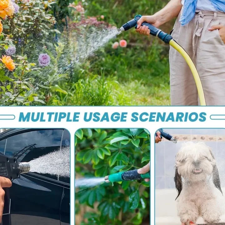 A person sprays water from a high-pressure shower head nozzle onto plants and a car surface.