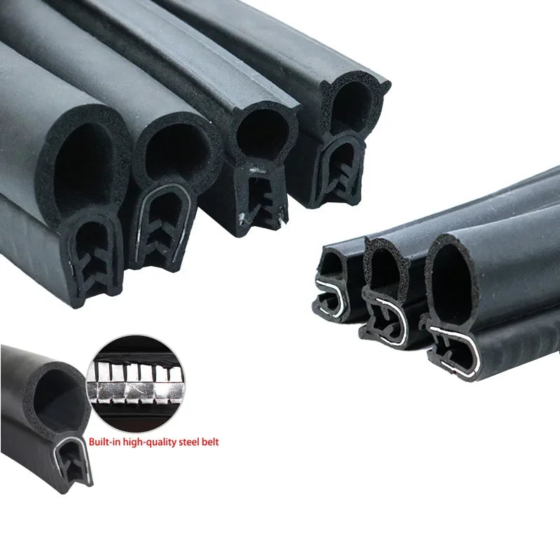Black U-shaped door edge seal strips shown in various angles and a close-up of the steel belt.